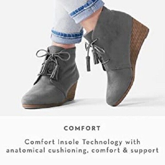 Dr. Scholls Womens 8.5M Dakota Adjustable Tasseled Round Toe Wedge Booties Gray - Picture 2 of 10